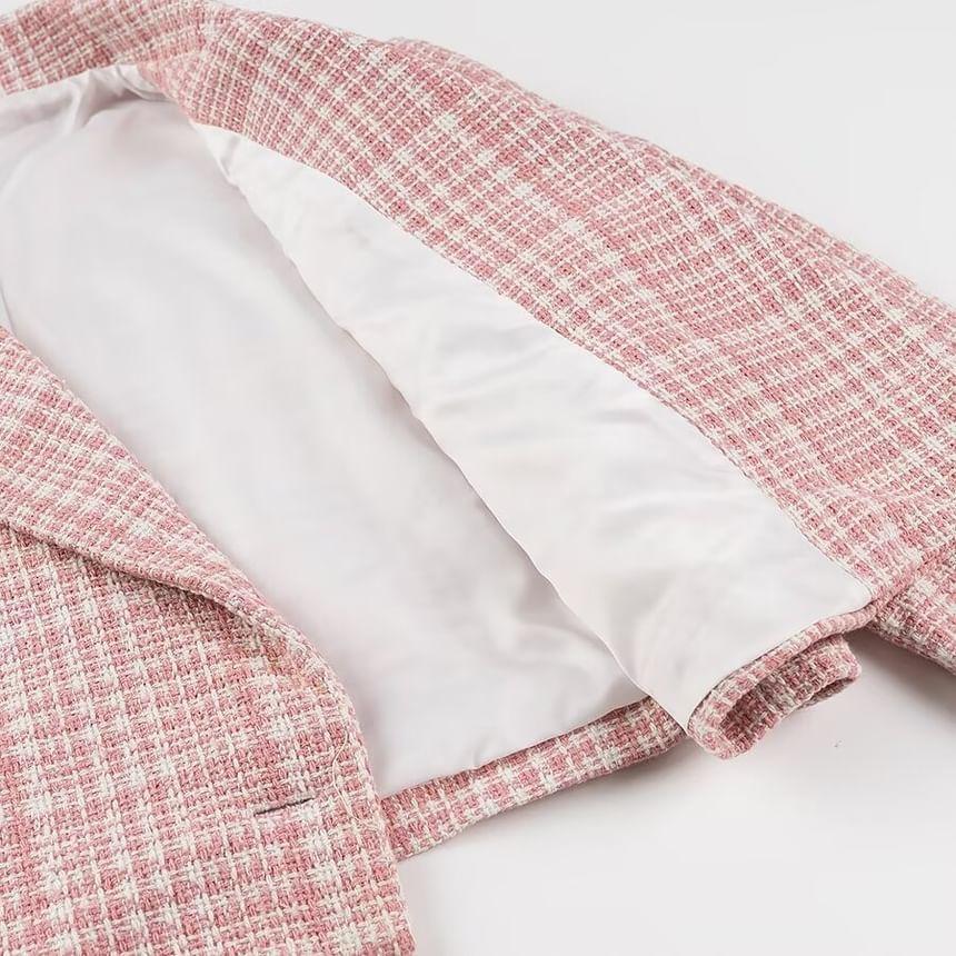 Peak Lapel Plaid Tweed Double Breasted Blazer Product Image