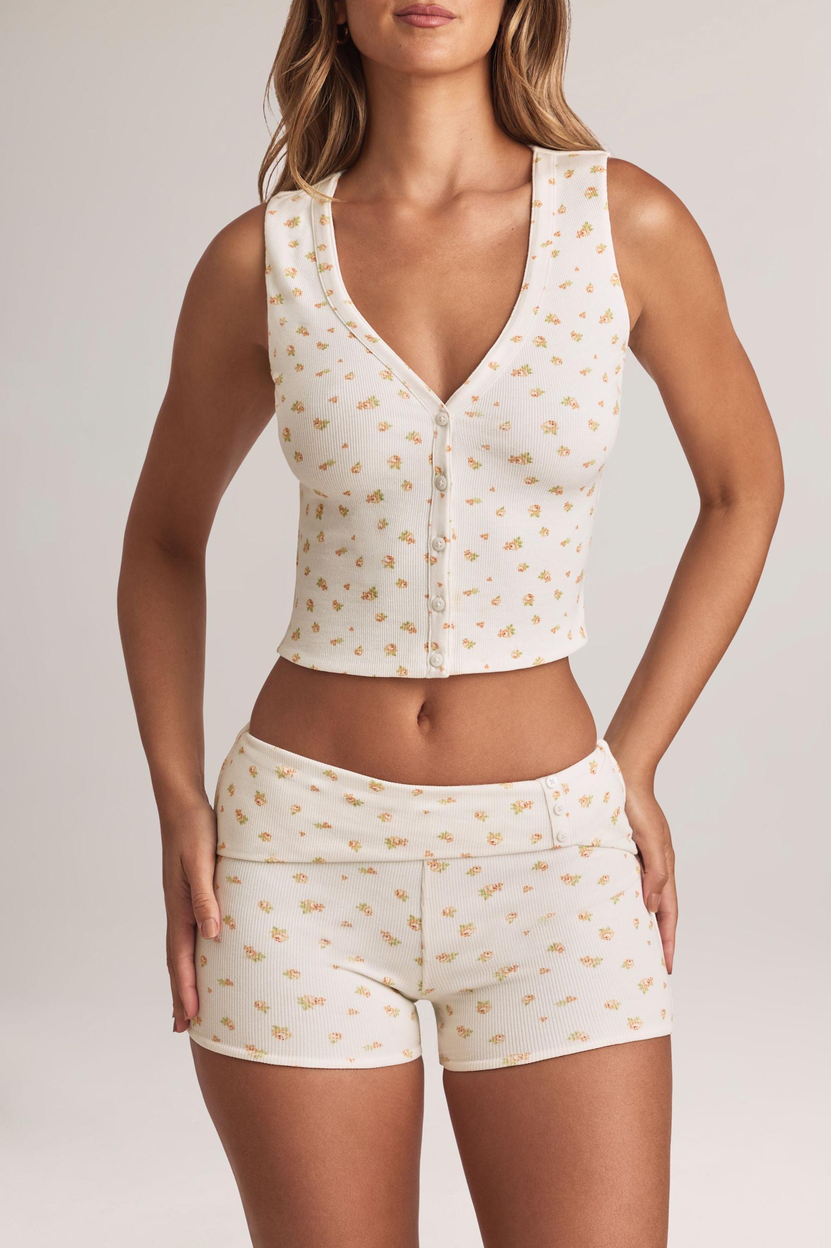 Modal Ribbed Button-Up Vest Top in Floral Print Product Image