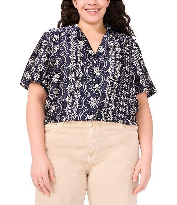 CeCe Plus Size Woven Notch Collar Short Sleeve Button Front Camp Coordinating Shirt Product Image