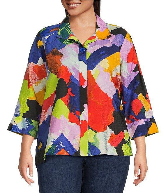 Ali Miles Plus Size Woven Abstract Print Point Collar 3/4 Sleeve Button Front Tunic Product Image