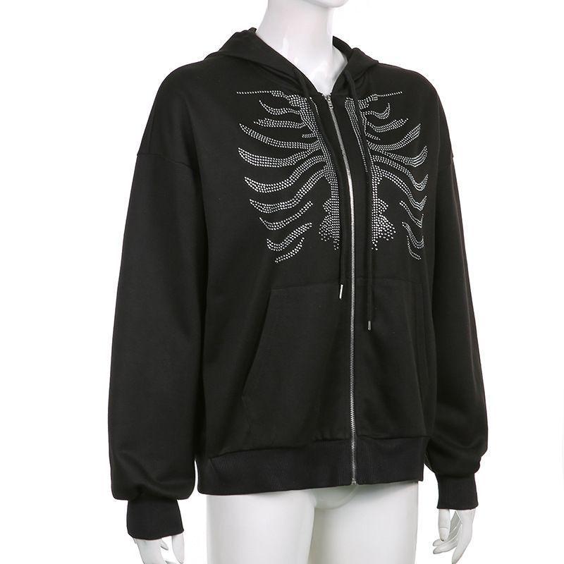 Oversized Rhinestone Ribcage Motif Zip Hoodie Product Image