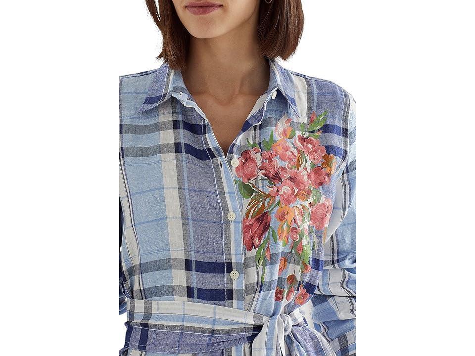 Lauren Ralph Lauren Petite Floral Plaid Linen Shirtdress White) Women's Clothing Product Image