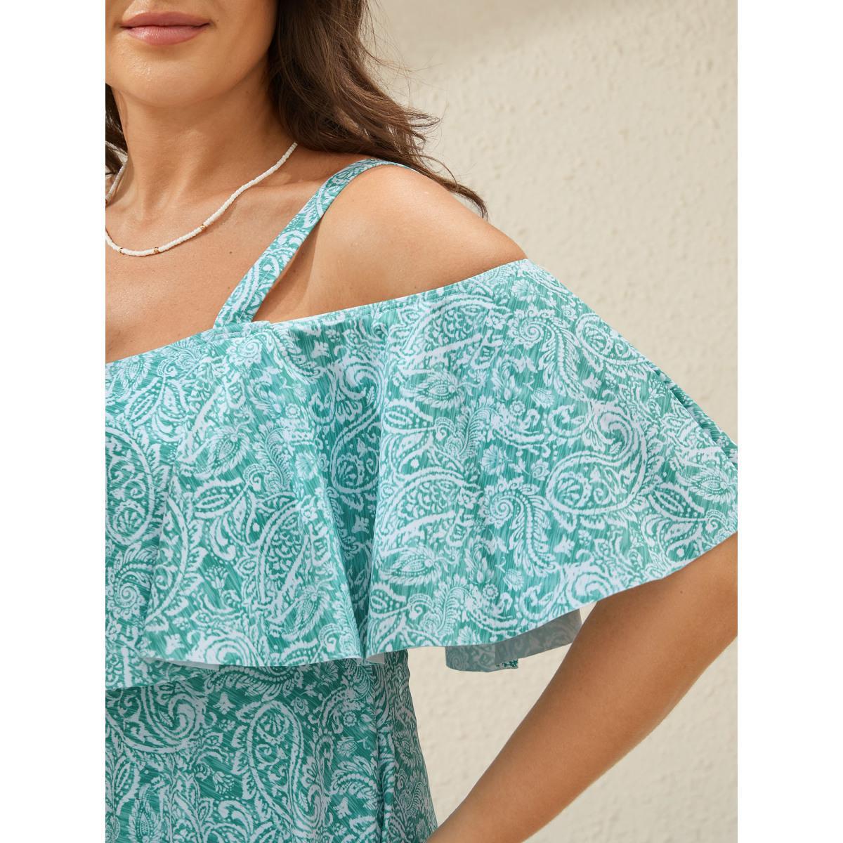 Plus Size Anti-Float Tie Paisley Print Swim Dress Women's Swimwear Malachitegreen Beach Bodycon One-shoulder neck High stretch Curve Swim Dresses BloomChic 22-24/3X Product Image