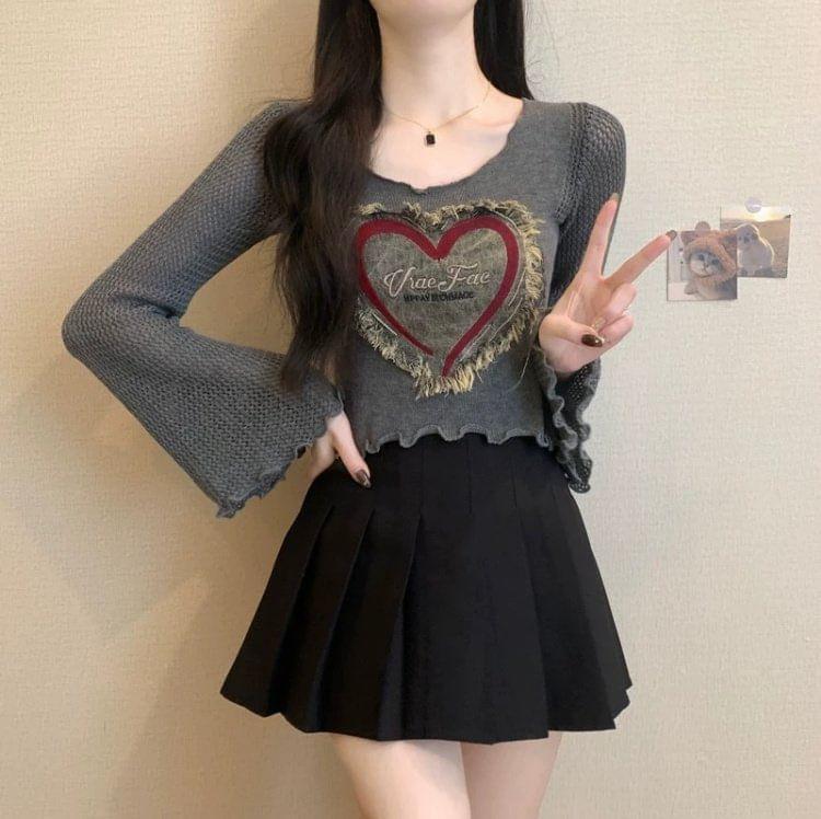 Long-Sleeve Scoop Neck Heart Denim Patchwork Lettuce Edge Crop Knit Top Product Image