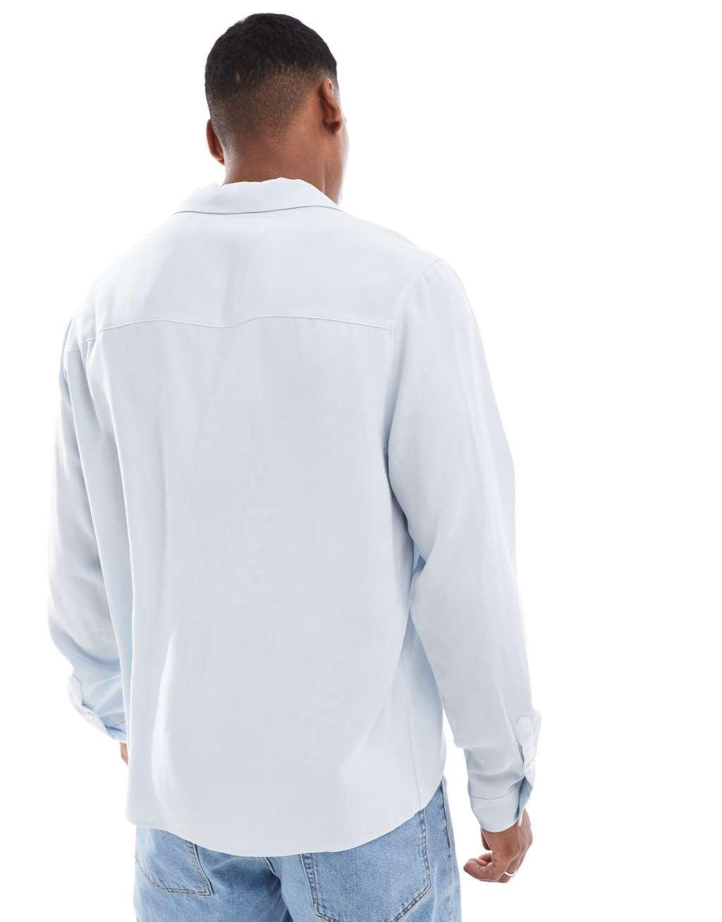 ASOS DESIGN oversized linen mix shirt with revere collar in blue Product Image