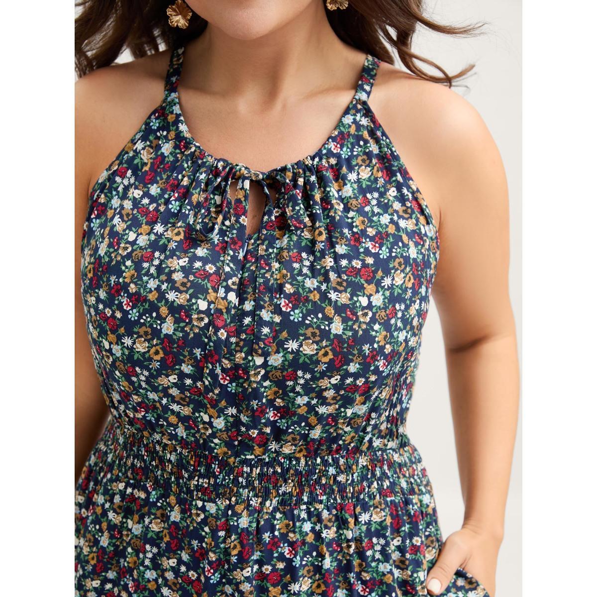 Plus Size Indigo Floral Print Shirred Waist Cami Jumpsuit Women Sleeveless Square Neck Everyday-Elegant Loose Jumpsuits BloomChic 28/5X Product Image