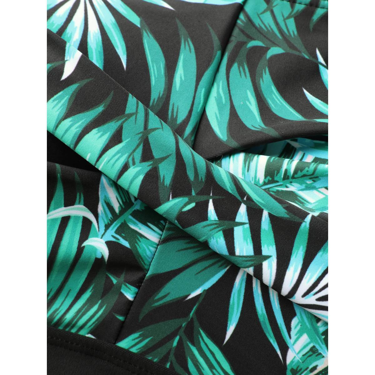 Plus Size Two-Piece Tropical Twist Front Swimsuit,Sarong Women's Swimwear Black Beach Twist Curve Bathing Suits High stretch One Pieces BloomChic 12/L Product Image
