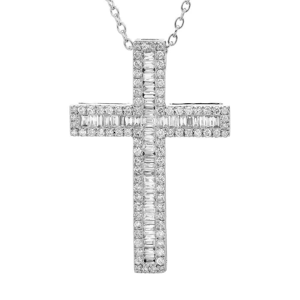 The Regal Collection 14k Gold 1 Carat T.W. Certified Diamond Baguette Cross Pendant, Women's, Size: 18", 14k White Gold Product Image