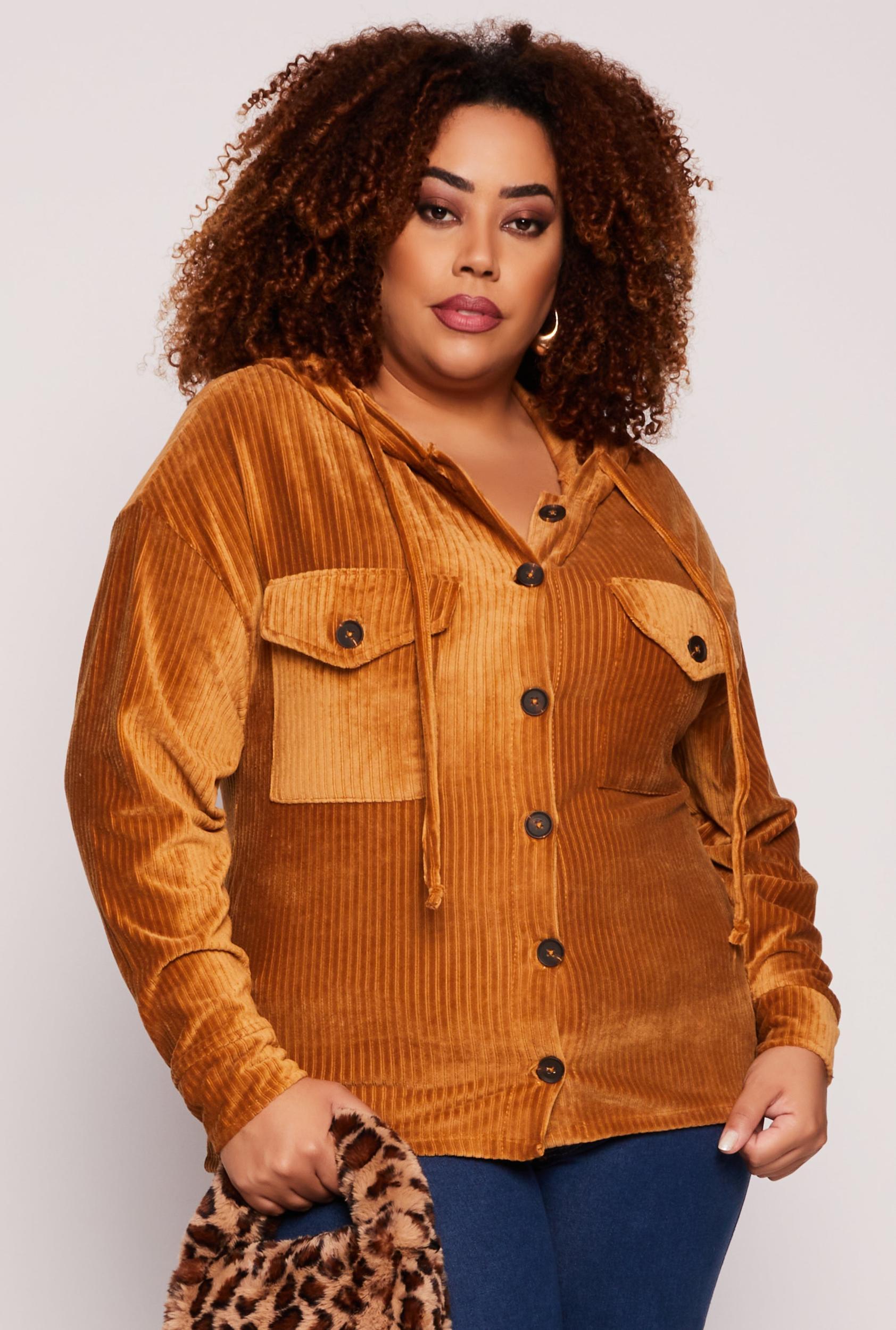 Womens Plus Size Velour Ribbed Hooded Shirt Product Image