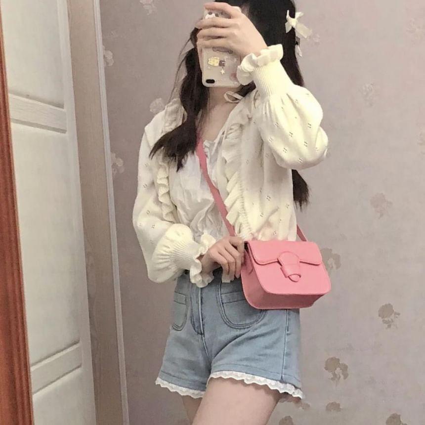 High Waist Washed Ruffle Panel Denim Shorts Product Image