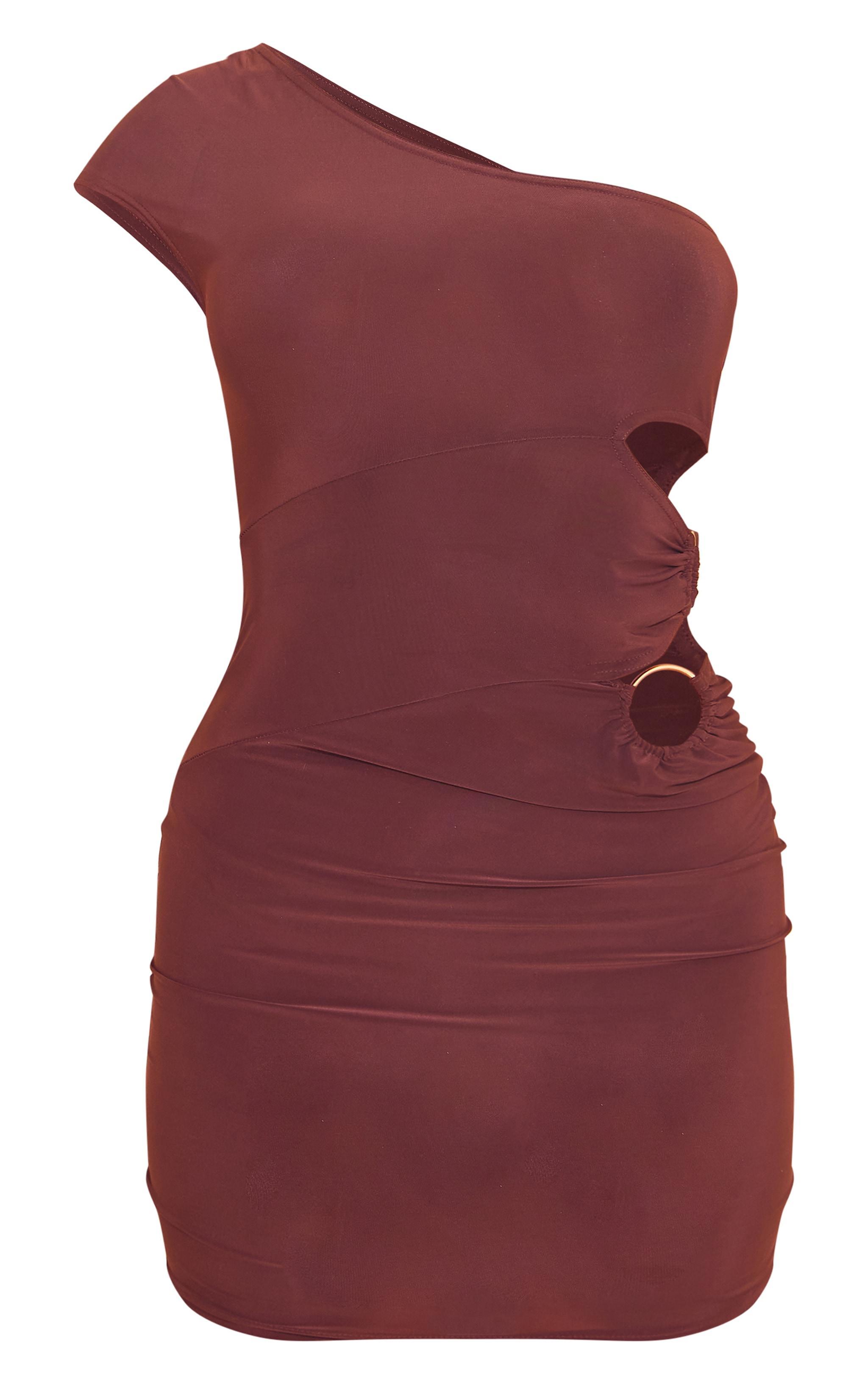 Chocolate Slinky One Shoulder Trim Detail Bodycon Dress Product Image
