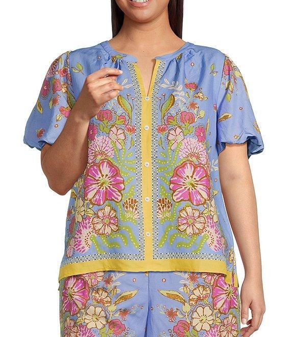Skies Are Blue Plus Size Coordinating Short Sleeve Floral Border Blouse Product Image