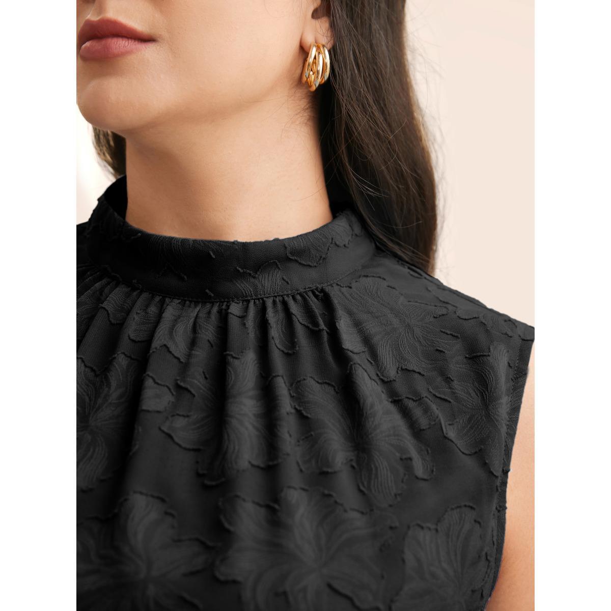 Plus Size Textured Stand Collar Gathered Tank Top Women Black Elegant Texture Stand-up collar Everyday Tank Tops Camis BloomChic 14-16/1X Product Image