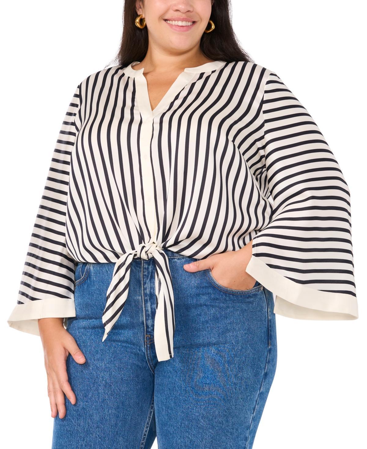 Vince Camuto Womens Plus Size Tie-Hem Striped Wide-Sleeve Blouse Product Image