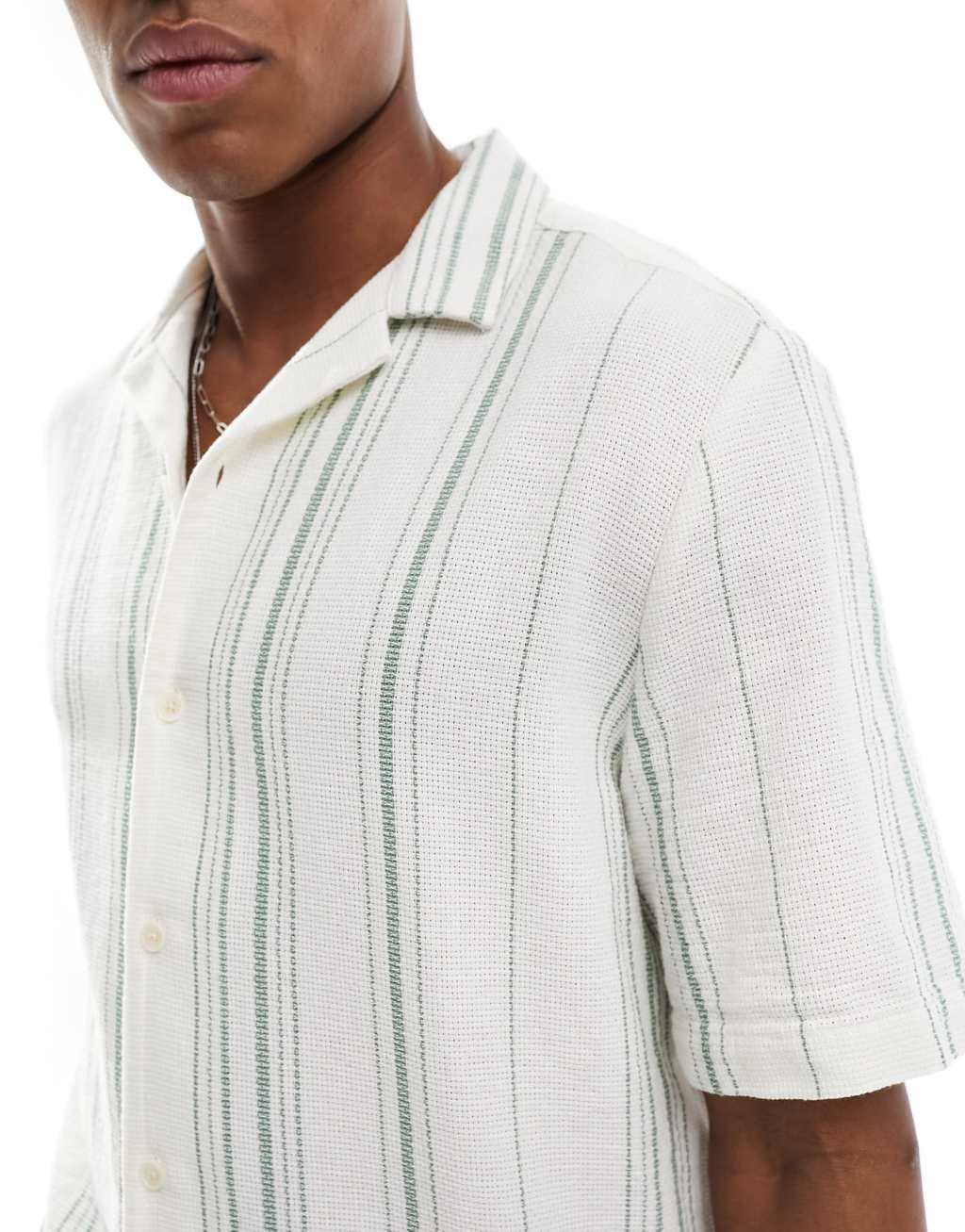 ASOS DESIGN relaxed camp collar shirt in basketweave stripe in green and white Product Image