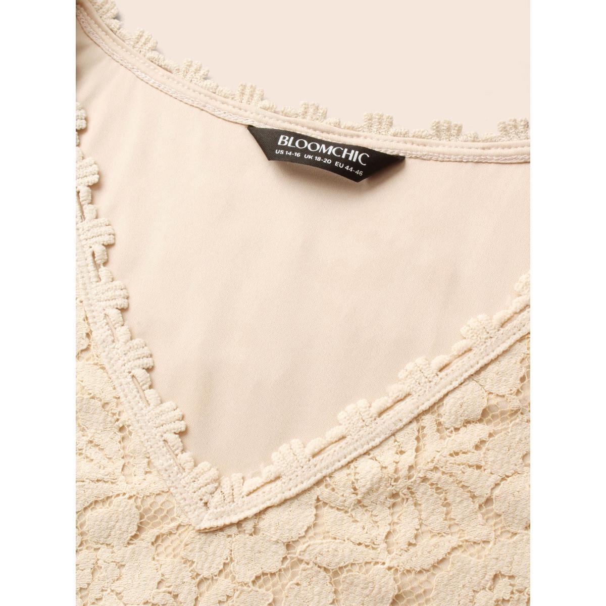 Plus Size V Neck Crochet Lace Mesh Tank Top Women LightBrown Elegant Woven ribbon&lace trim V-neck Everyday Tank Tops Camis BloomChic 10/M Product Image