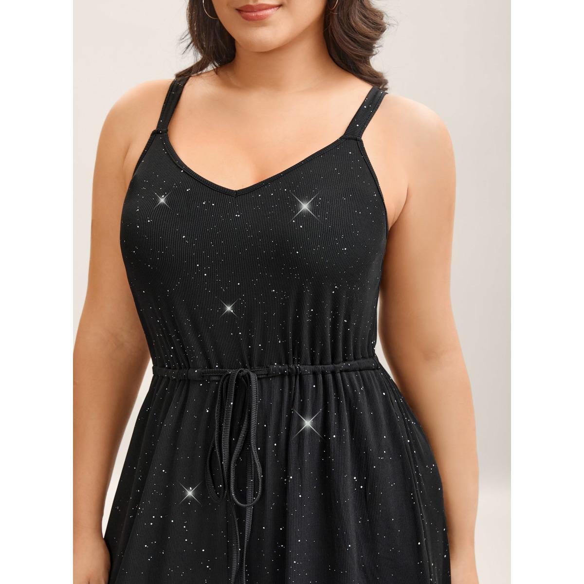 Plus Size Black Sequins Waist-Tie Wide-Leg Jumpsuit Women Sleeveless V-neck Everyday-Casual Loose Jumpsuits BloomChic 12/L Product Image