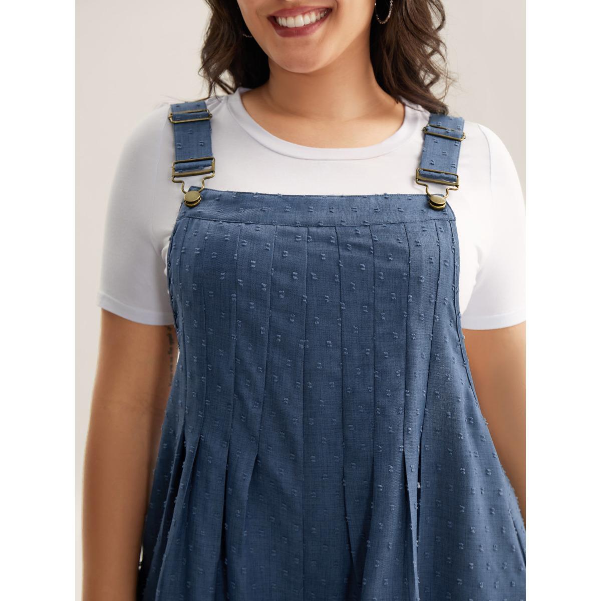 Plus Size Mediumblue Textured Plicated Detail Overall Straps Jumpsuit Women Sleeveless Square Neck Everyday-Casual Loose Jumpsuits BloomChic 12/L Product Image