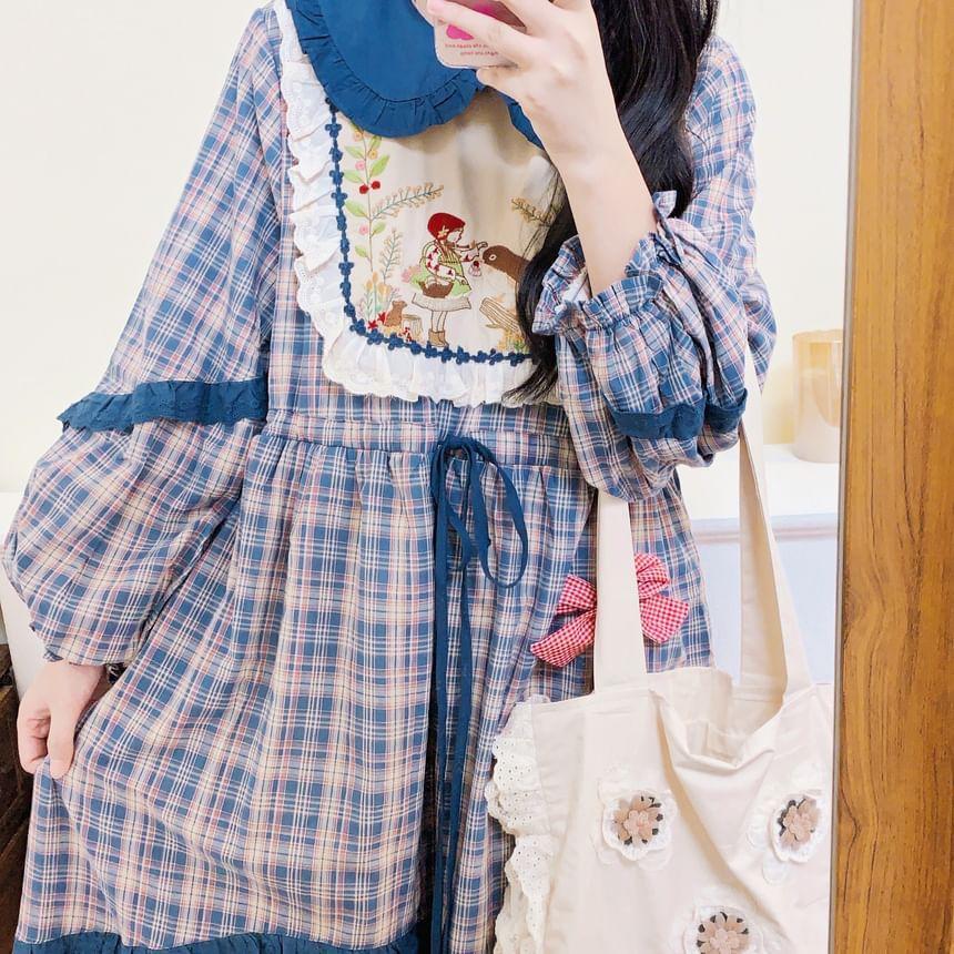 Long-Sleeve Collar Plaid Embroidered Patchwork Midi A-Line Dress Product Image