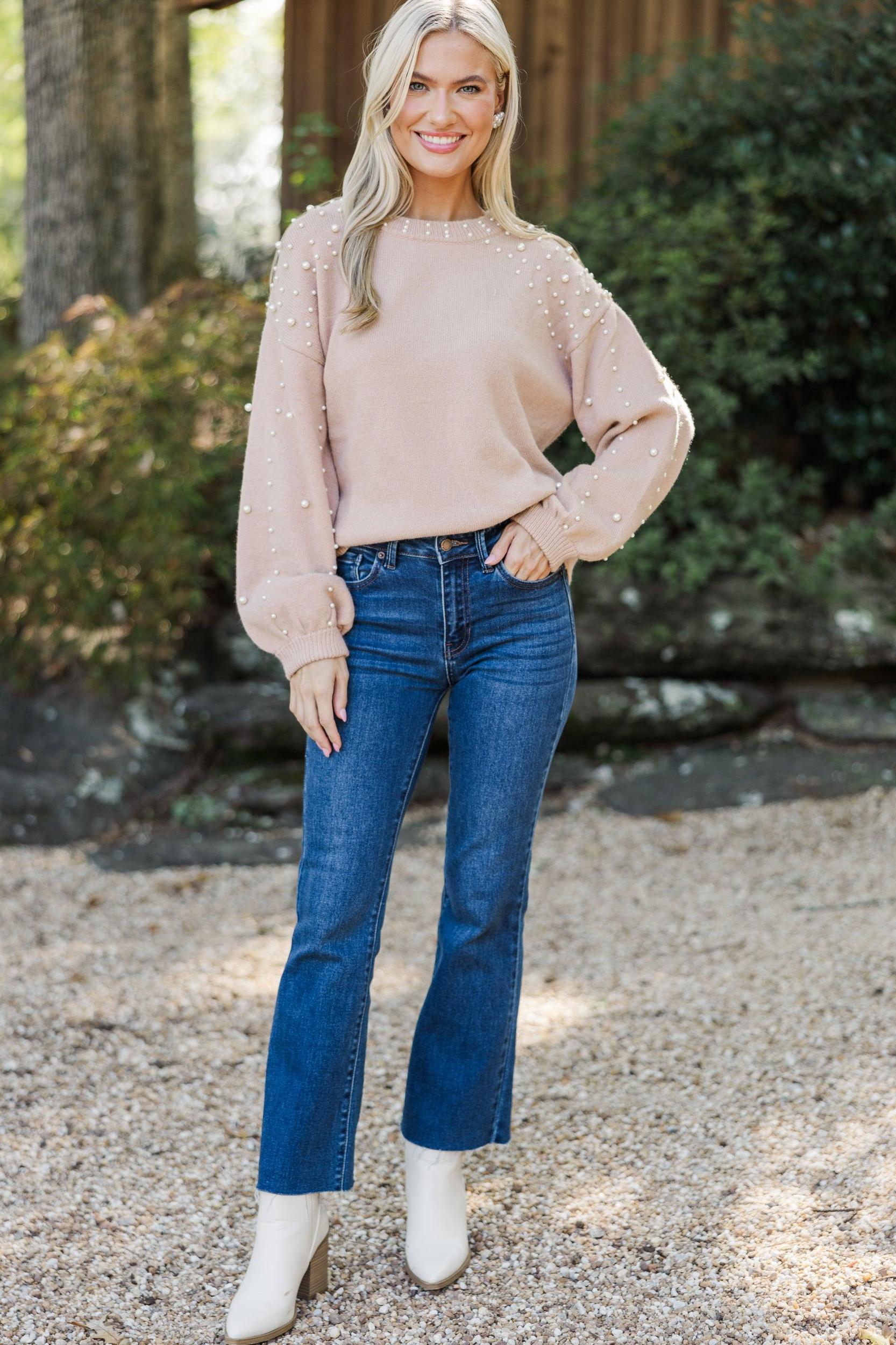 Can't Help But Love Latte Brown Pearl Studded Sweater Female Product Image
