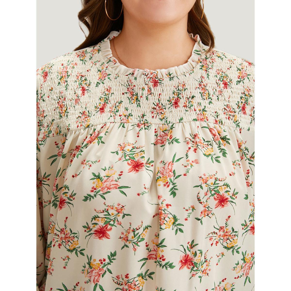 Plus Size White Floral Print Shirred Frill Trim Blouse Women Elegant Long Sleeve Round Neck Dailywear Blouses BloomChic 18-20/2X Product Image