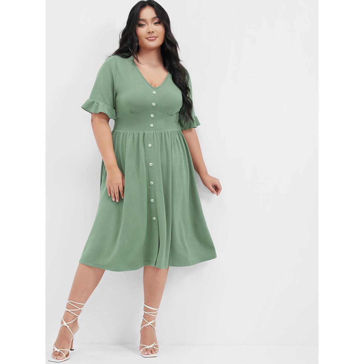 Plus Size Solid Shirred Ruffles Button V Neck Midi Dress LightGreen Women Elegant Gathered V-neck Short sleeve Curvy Midi Dress BloomChic 12/L Product Image