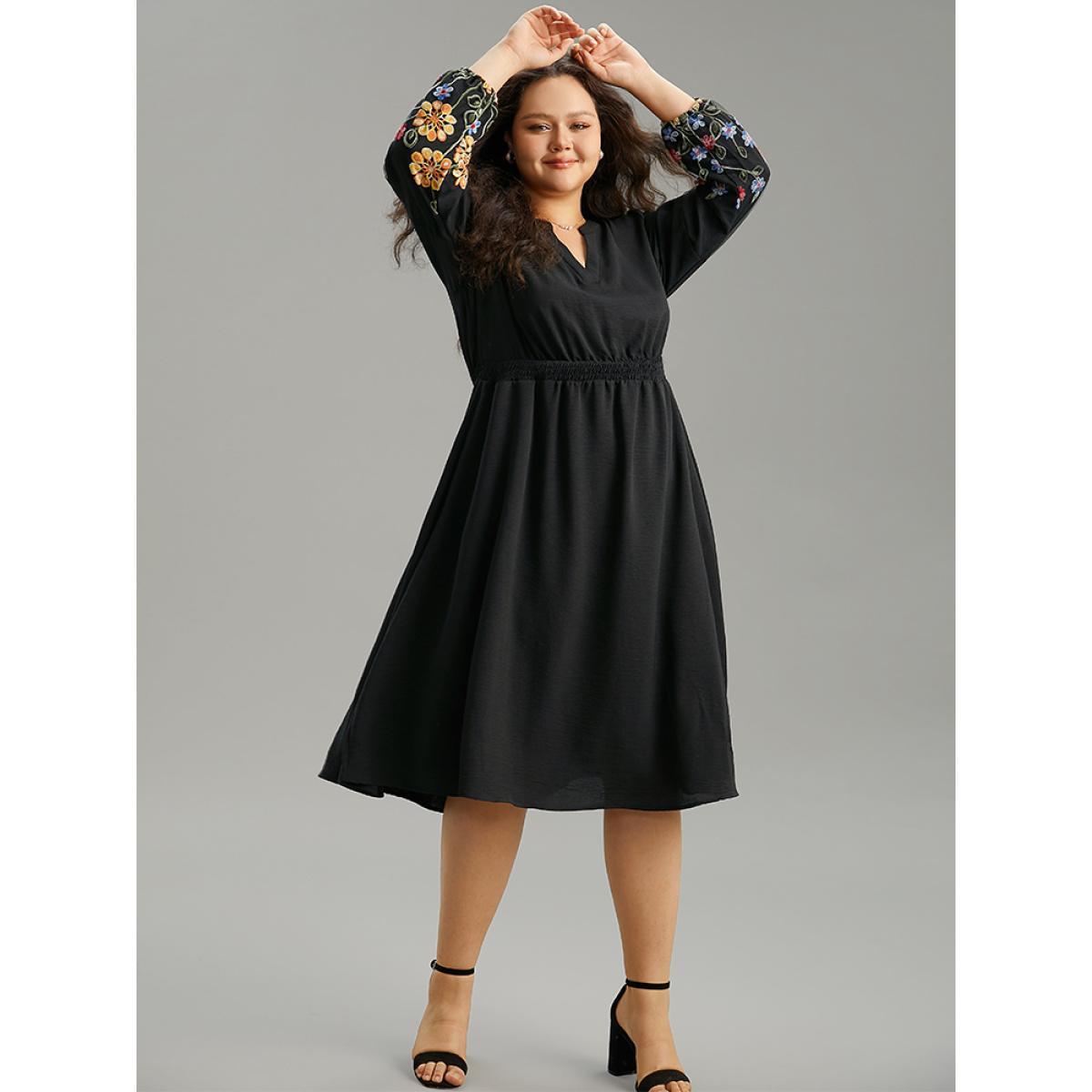 Plus Size Floral Embroidered Notched Midi Dress Black Women Elegant Elastic cuffs Notched collar Long Sleeve Curvy Midi Dress BloomChic 22-24/3X Product Image