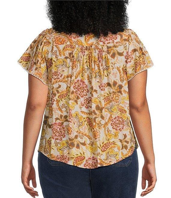 Democracy Plus Size Woven Floral Split V-Neck Short Sleeve Ruched Button-Front Top Product Image