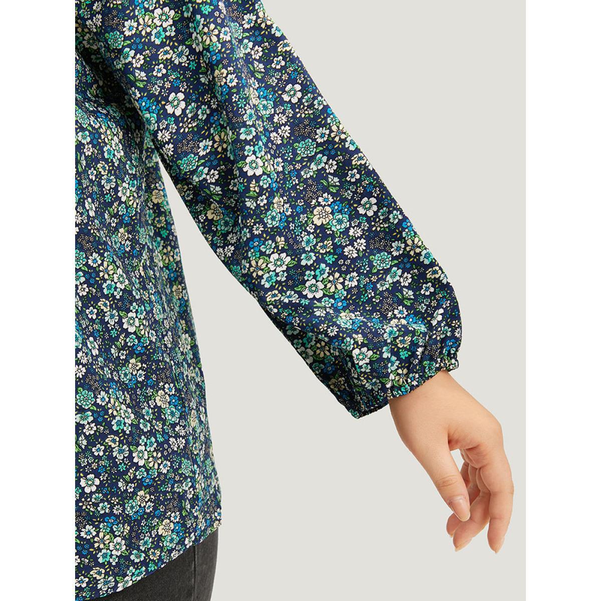 Plus Size Indigo Ditsy Floral Knot Neck Elastic Cuffs Blouse Women Elegant Long Sleeve Tie Neck Everyday Blouses BloomChic 10/M Product Image
