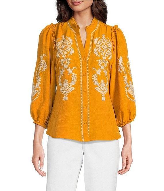 Calessa Petite Size Embroidered Placement Print Ruffle Split V-Neck 3/4 Sleeve Button Front Tunic Product Image