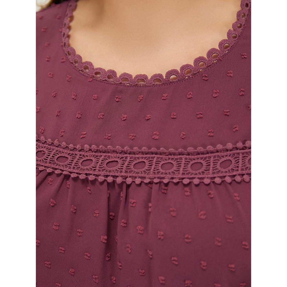 Plus Size RedViolet Polka Dot Gathered Lace Blouse Women Elegant Short sleeve Round Neck Dailywear Blouses BloomChic 26/4X Product Image