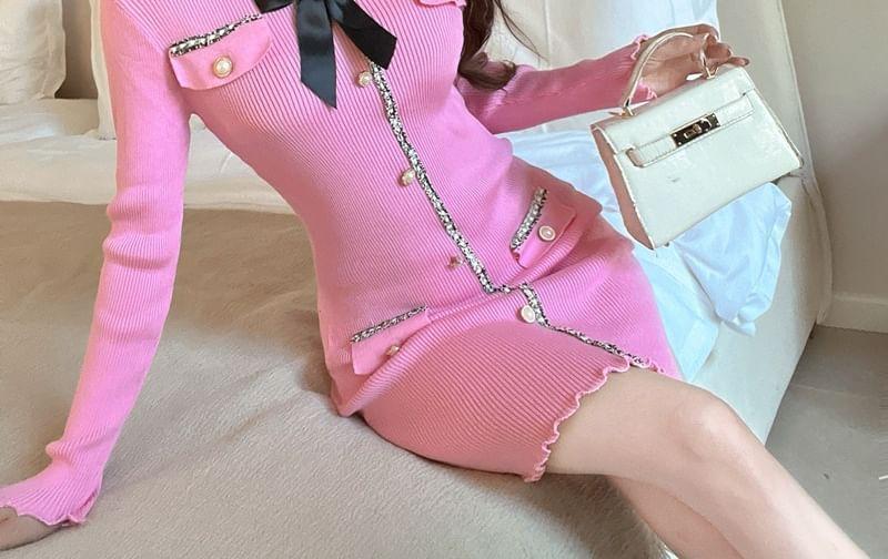 Long-Sleeve Crewneck Button-Up Knit Mini Bodycon Dress Product Image