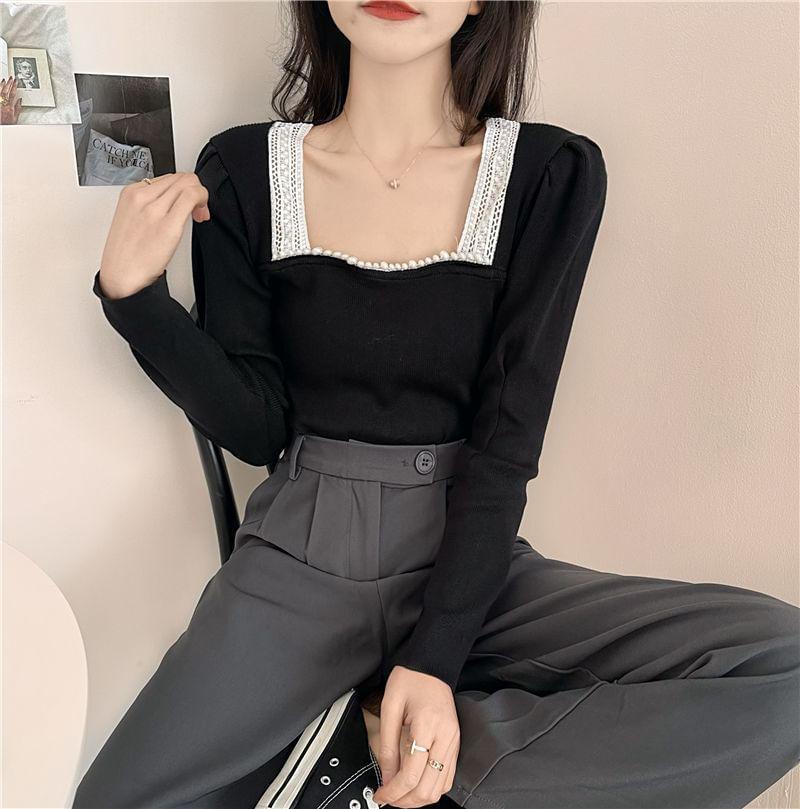 Long Sleeve Square Neck Plain Lace Trimmed Crop Top Product Image