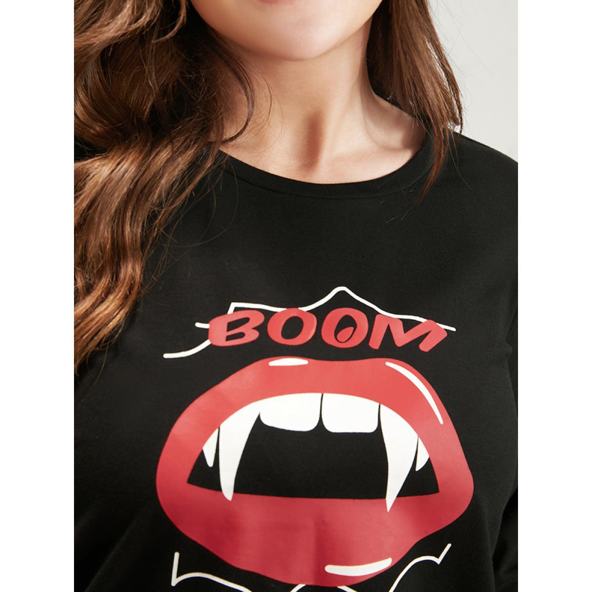 Plus Size Halloween Lip Print Pajama Set Women Black Graphic-Halloween Printed Long Sleeve Round Neck Casual Loungewear Sets BloomChic 14-16/1X Product Image
