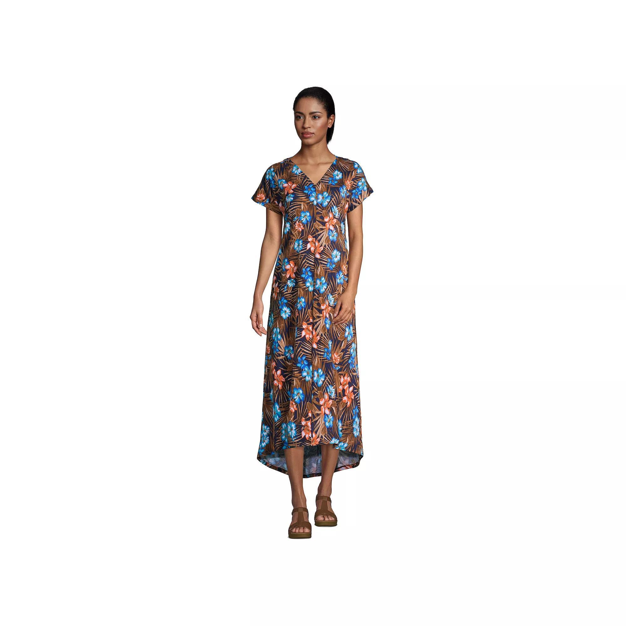Womens Lands End High-Low Hem Maxi Dress Blue Tropic Palm Product Image