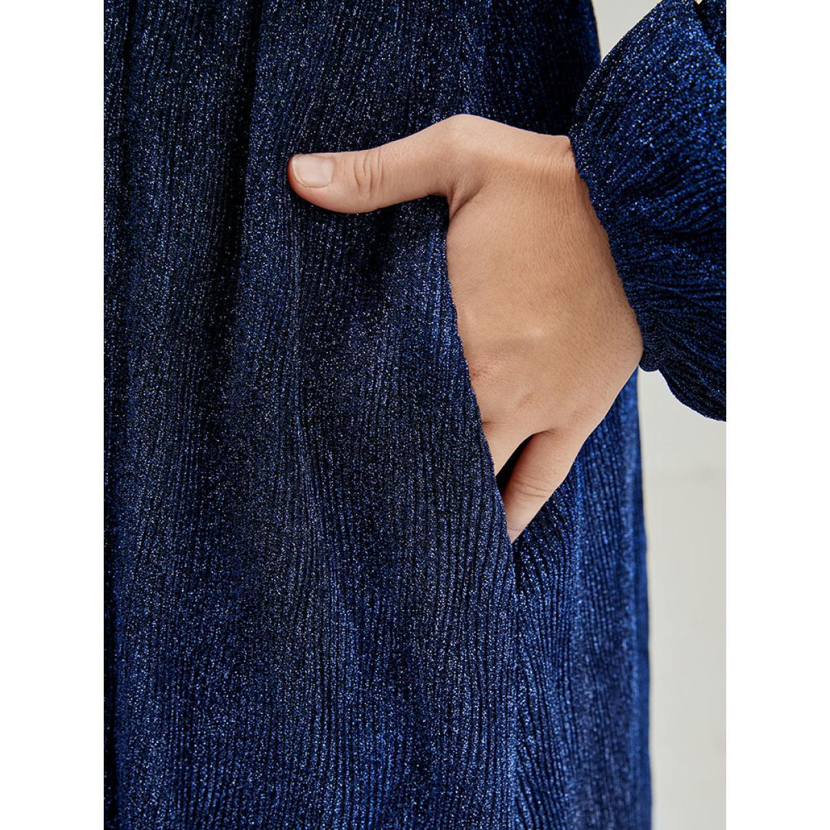 Plus Size Solid Lantern Sleeve Sequin Split Hem Dress DarkBlue Women Party Elastic Waist V-neck Long Sleeve Curvy Midi Dress BloomChic 18-20/2X Product Image