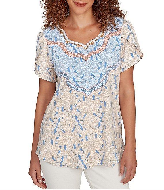 Ruby Rd. Petite Size Embroidered Printed Sweetheart Neck Short Tulip Sleeve Top Product Image