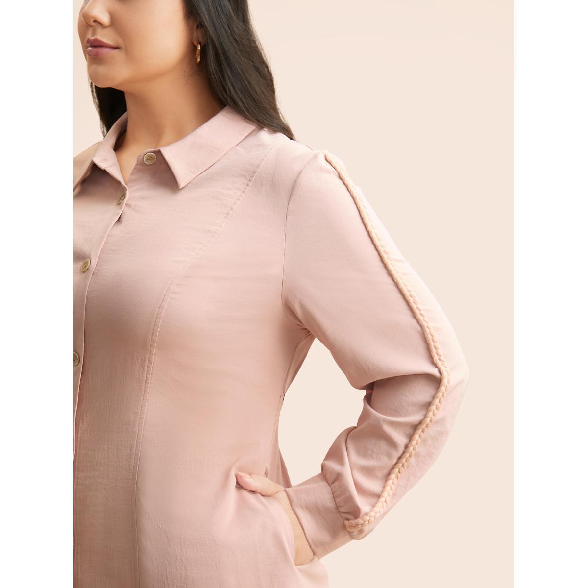 Plus Size Shirt Collar Shirred Woven Ribbon Dress Crepe Women Elegant Woven ribbon&lace trim Shirt collar Long Sleeve Curvy BloomChic 14-16/1X Product Image
