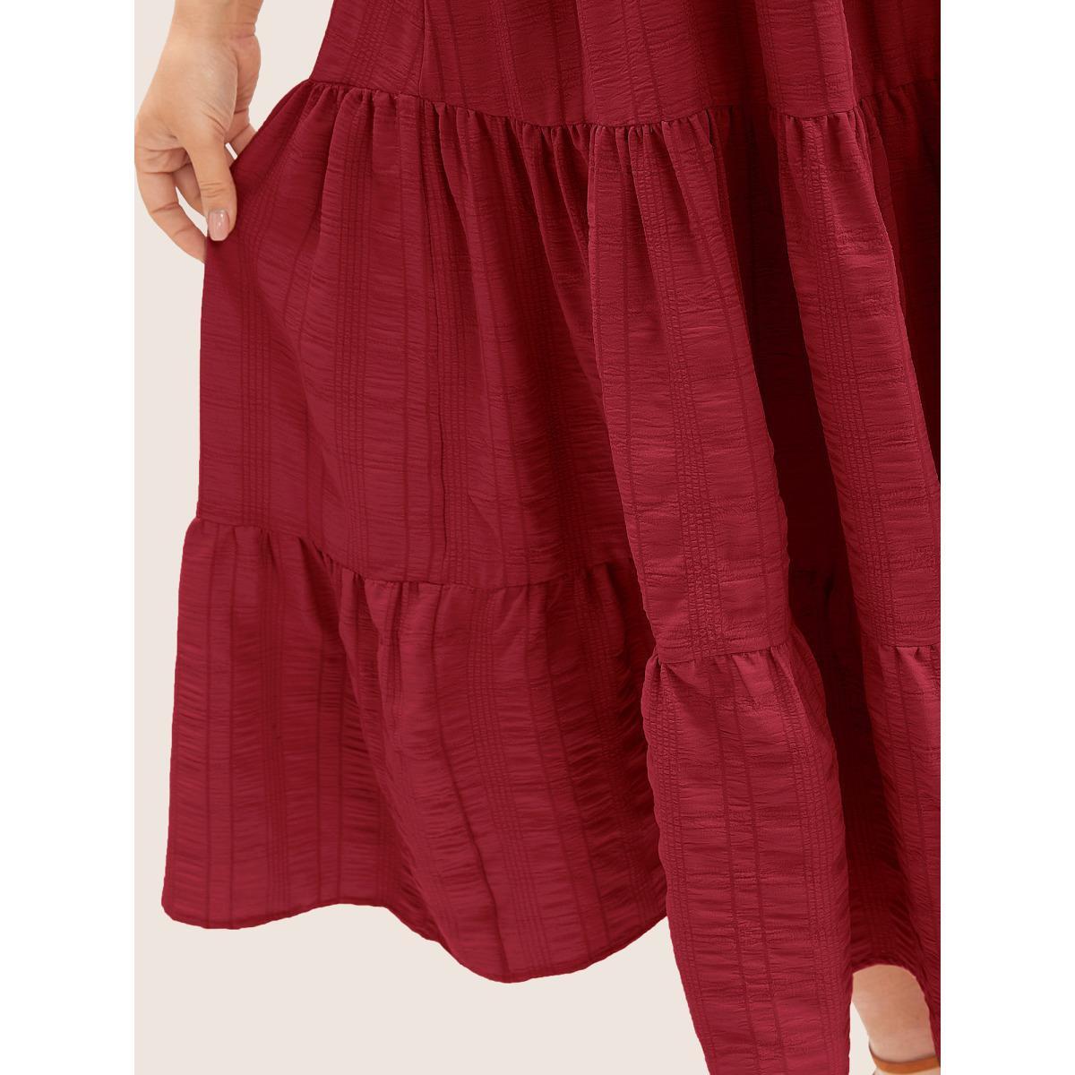 Plus Size Plain Ruched Drawstring Pocket Ruffle Tiered Dress Raspberry Women Elegant Non V-neck Short sleeve Curvy Midi Dress BloomChic 14-16/1X Product Image