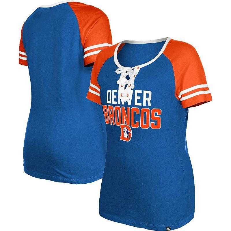 Women's New Era  Royal Denver Broncos Throwback Raglan Lace-Up T-Shirt, Size: XS, Blue Product Image