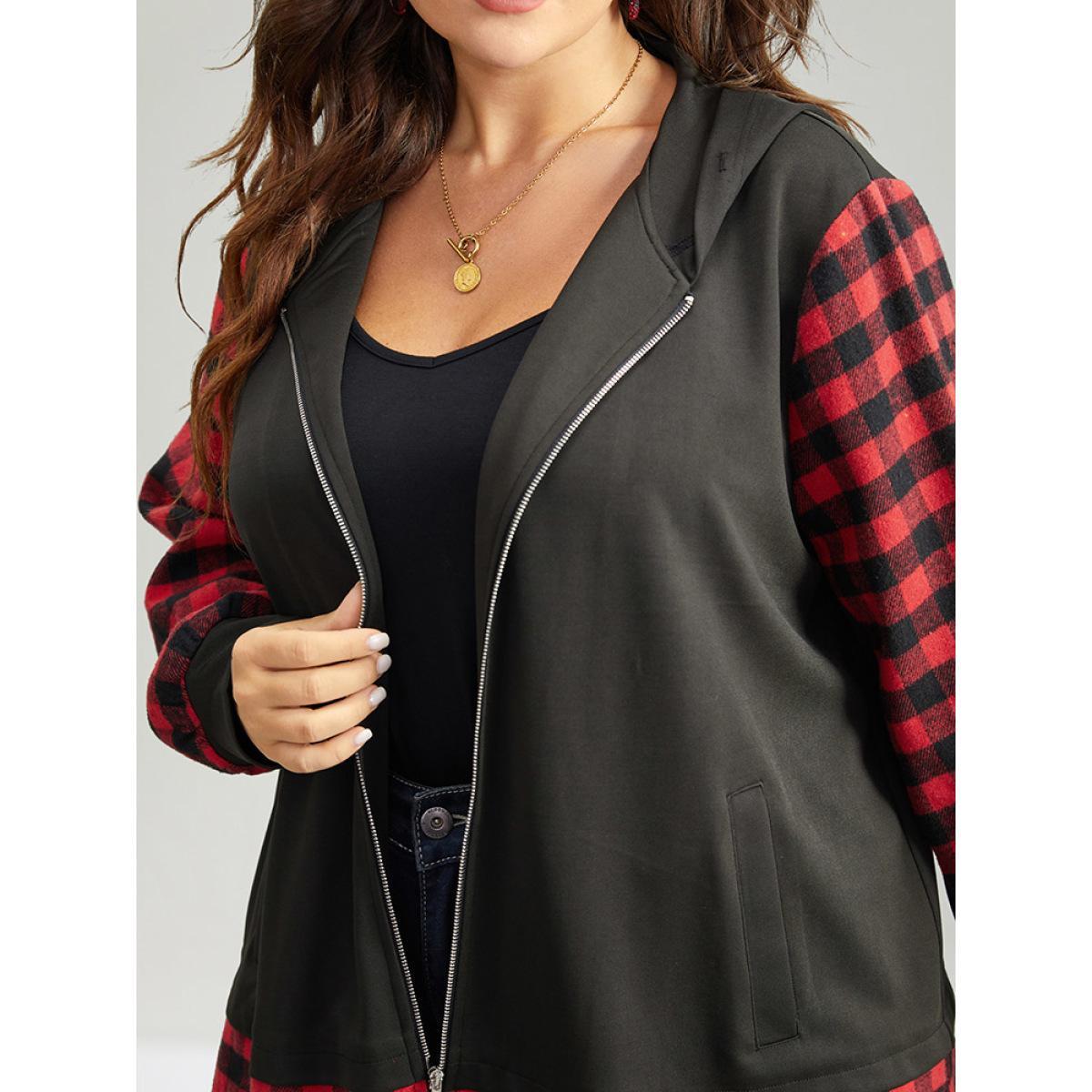 Plus Size Gingham Patchwork Hooded Zipper Contrast Coat Women Red Contrast Pocket Dailywear Jackets BloomChic 10/M Product Image