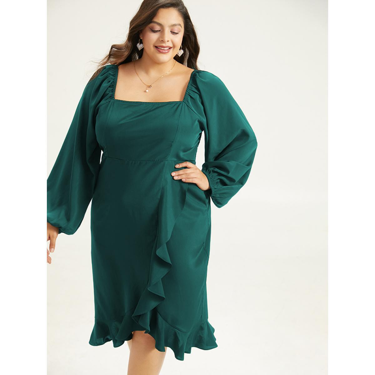 Plus Size Anti-Wrinkle Square Neck Ruffle Trim Wrap Hem Dress Teal Women Glamour Elastic cuffs Square Neck Long Sleeve Curvy Midi Dress BloomChic 18-20/2X Product Image