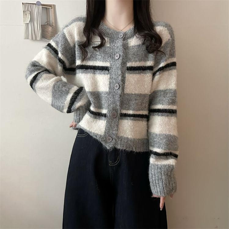 Round Neck Striped Cardigan Product Image