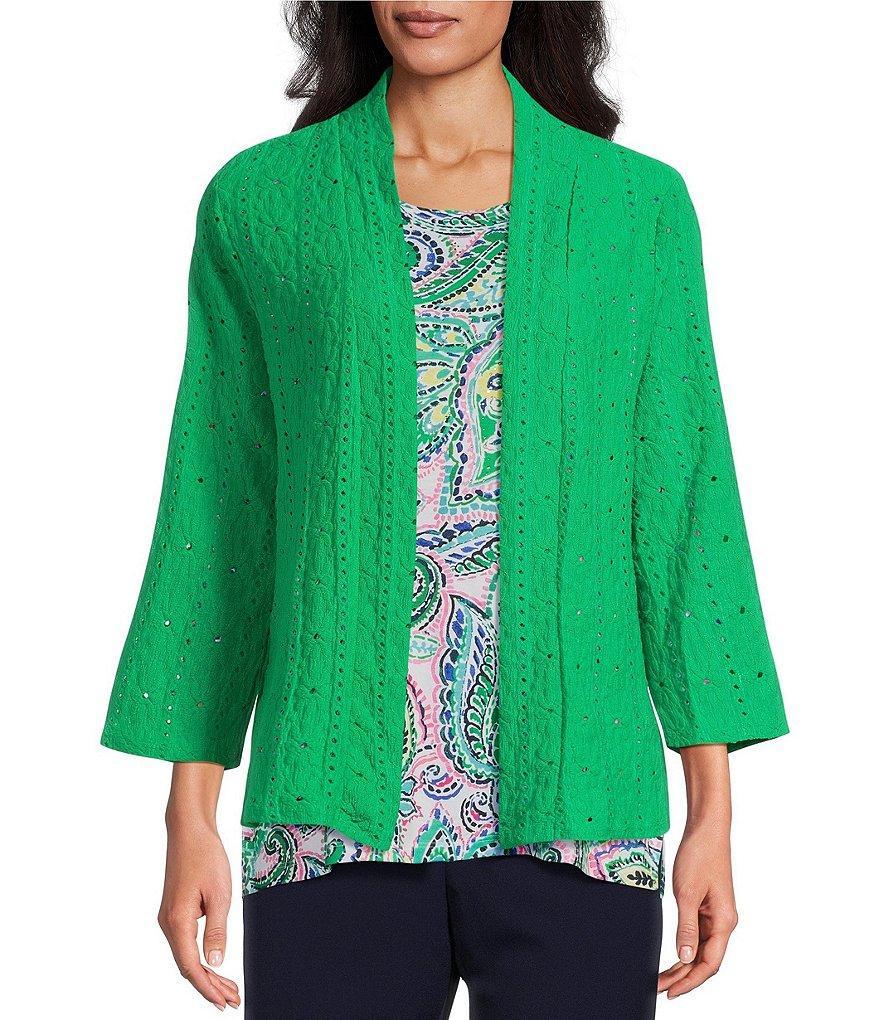 Allison Daley Petite Size Floral Eyelet Knit 3/4 Sleeve Open-Front Cardigan Product Image