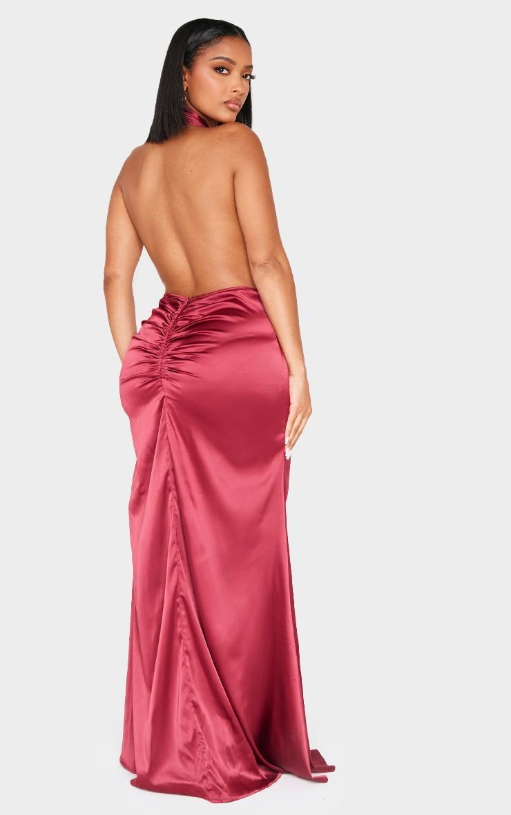 Shape Burgundy Satin Halter Neck Deep Plunge Front Ruched Waist Maxi Fishtail Dress Product Image