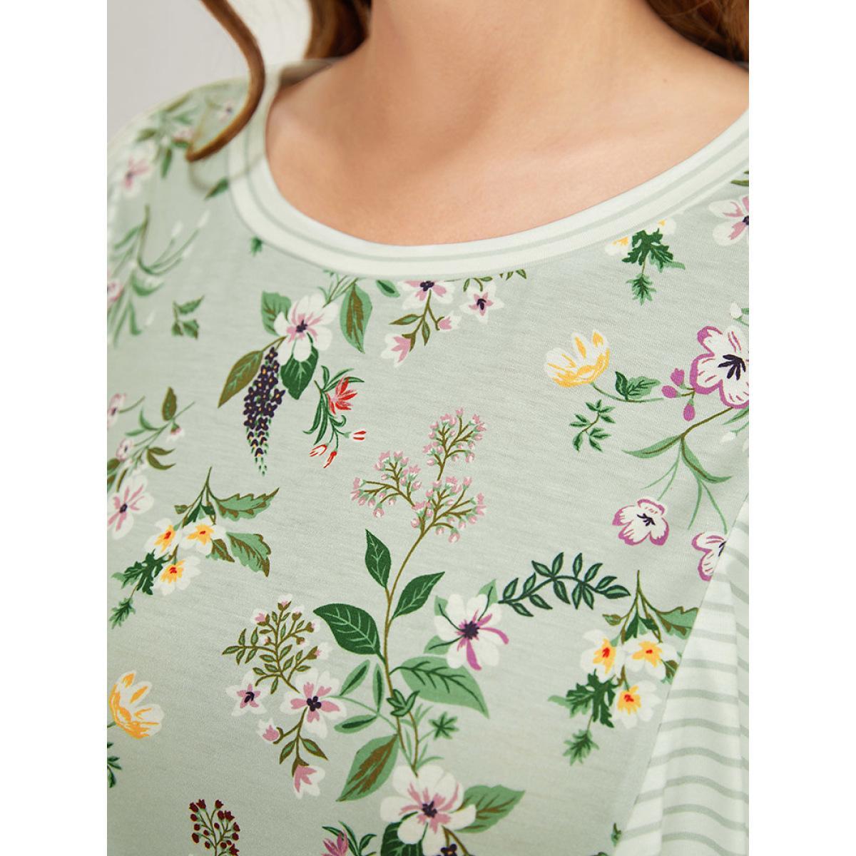 Plus Size Floral Patchwork Round Neck Striped Ruffle Trim T-shirt SpringGreen Women Elegant Striped Round Neck Dailywear T-shirts BloomChic 30/6X Product Image