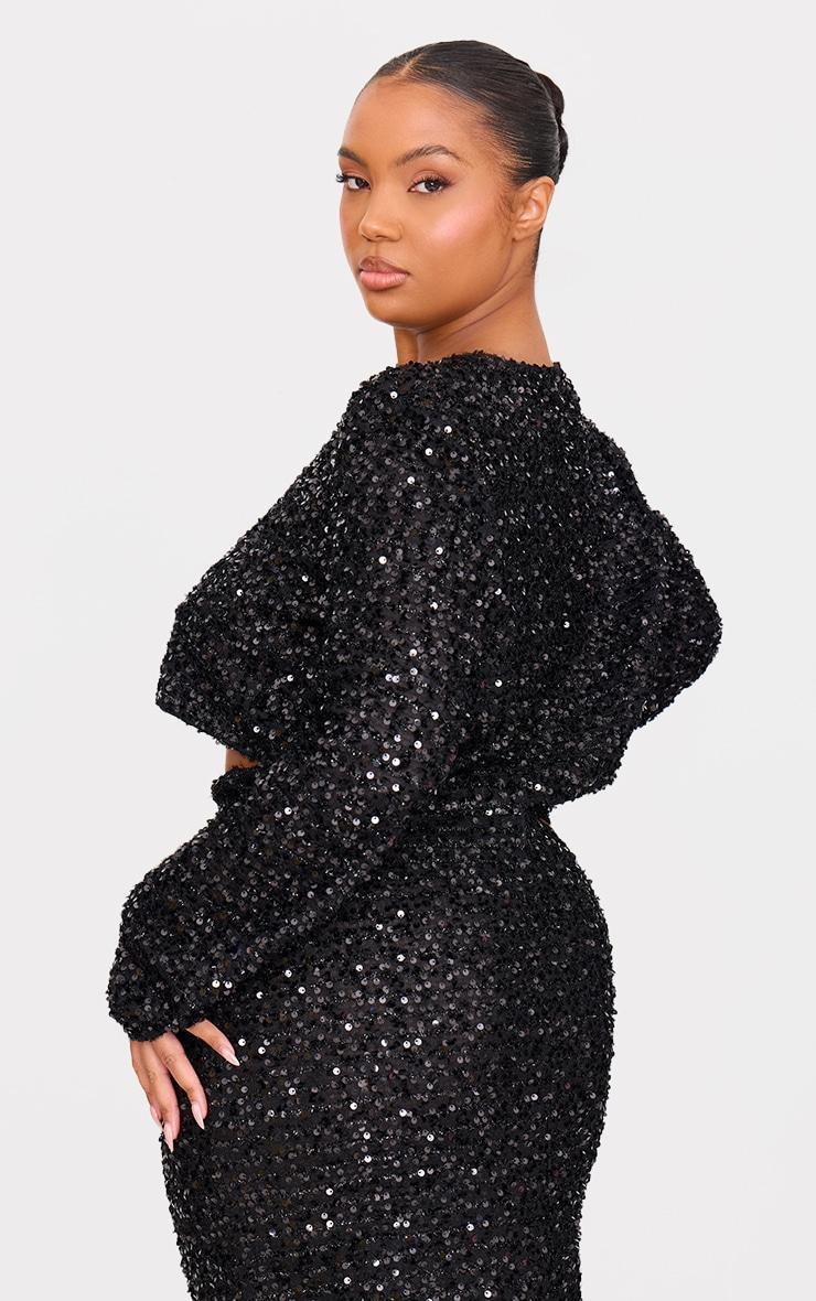 Plus Black Sequin Long Sleeve Button Up Crop Top Product Image