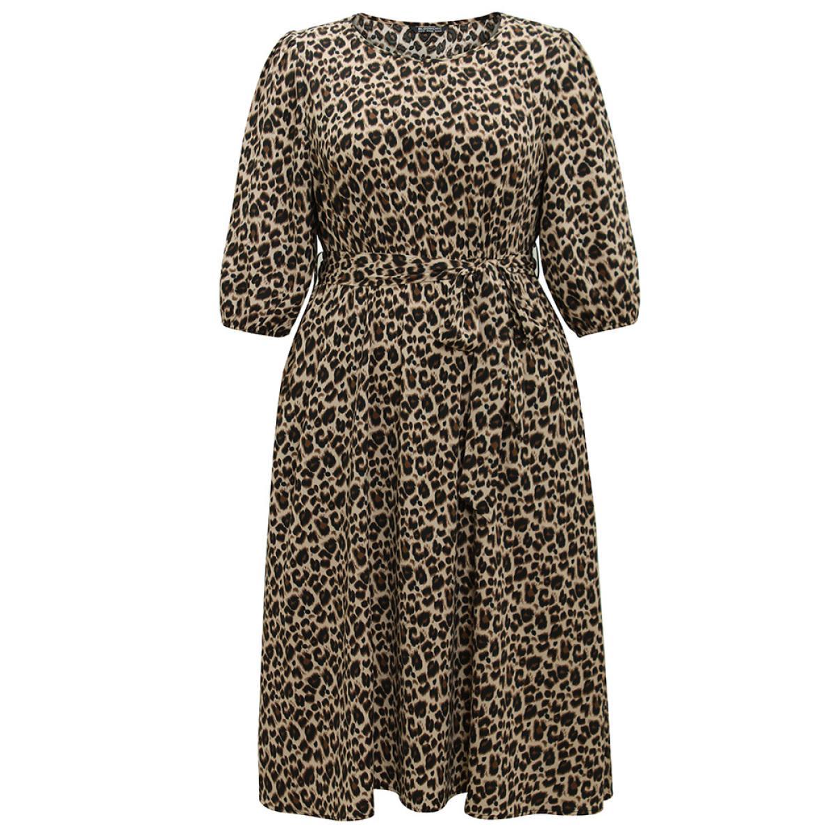 Plus Size Leopard Elastic Waist Belted Round Neck Dress LightBrown Women Office Elastic cuffs Round Neck Elbow-length sleeve Curvy Midi Dress BloomChic 18-20/2X Product Image