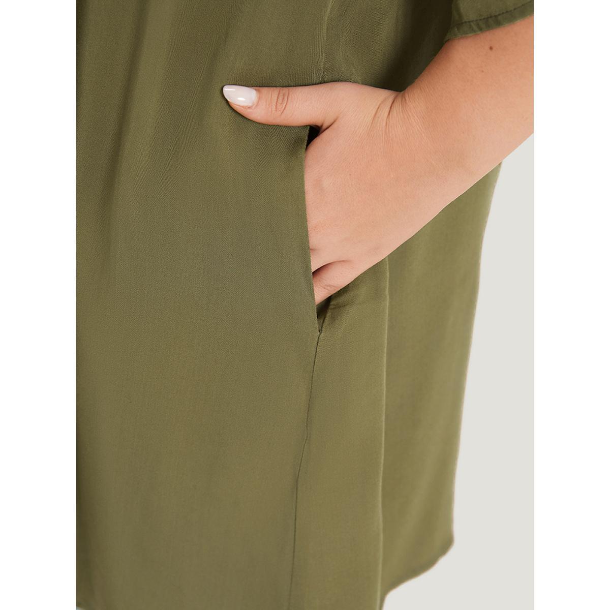 Plus Size Supersoft Essentials Plain Pocket Button Ruffle Open Front Kimono Women ArmyGreen Casual Plain Loose Pocket Dailywear Kimonos BloomChic 22-24/3X Product Image