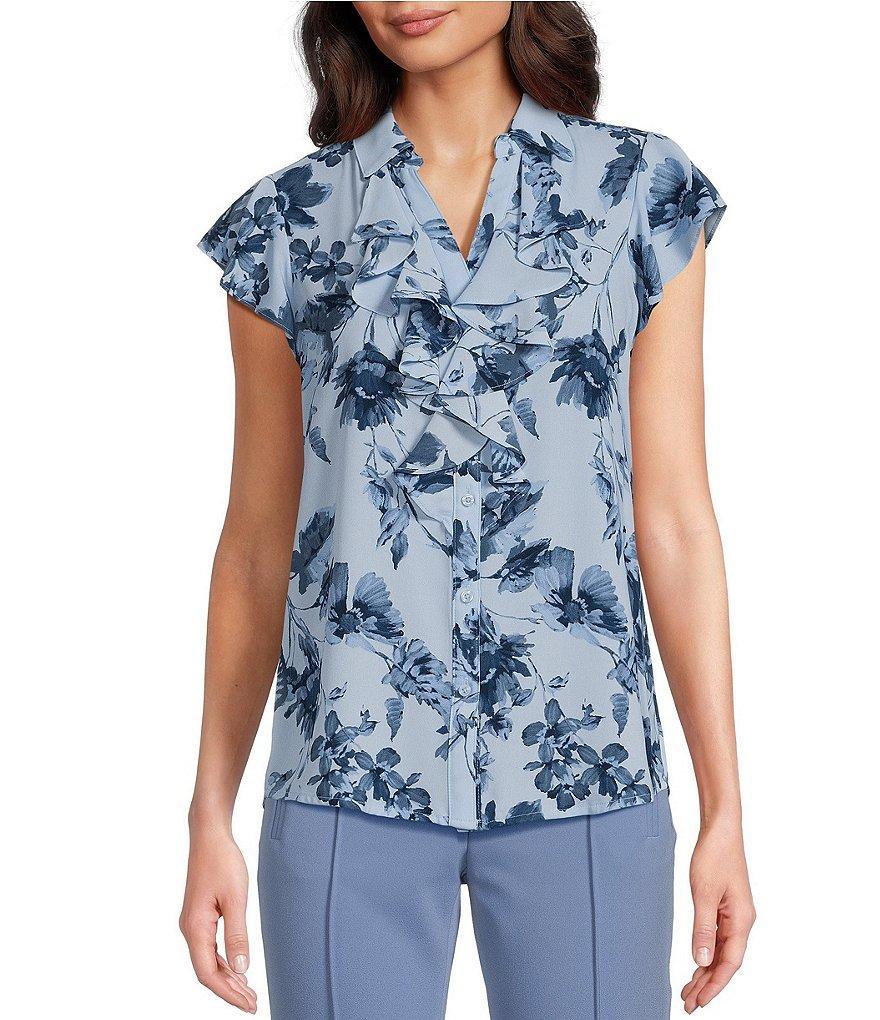Calvin Klein Floral Print Ruffle Button Front Blouse Product Image